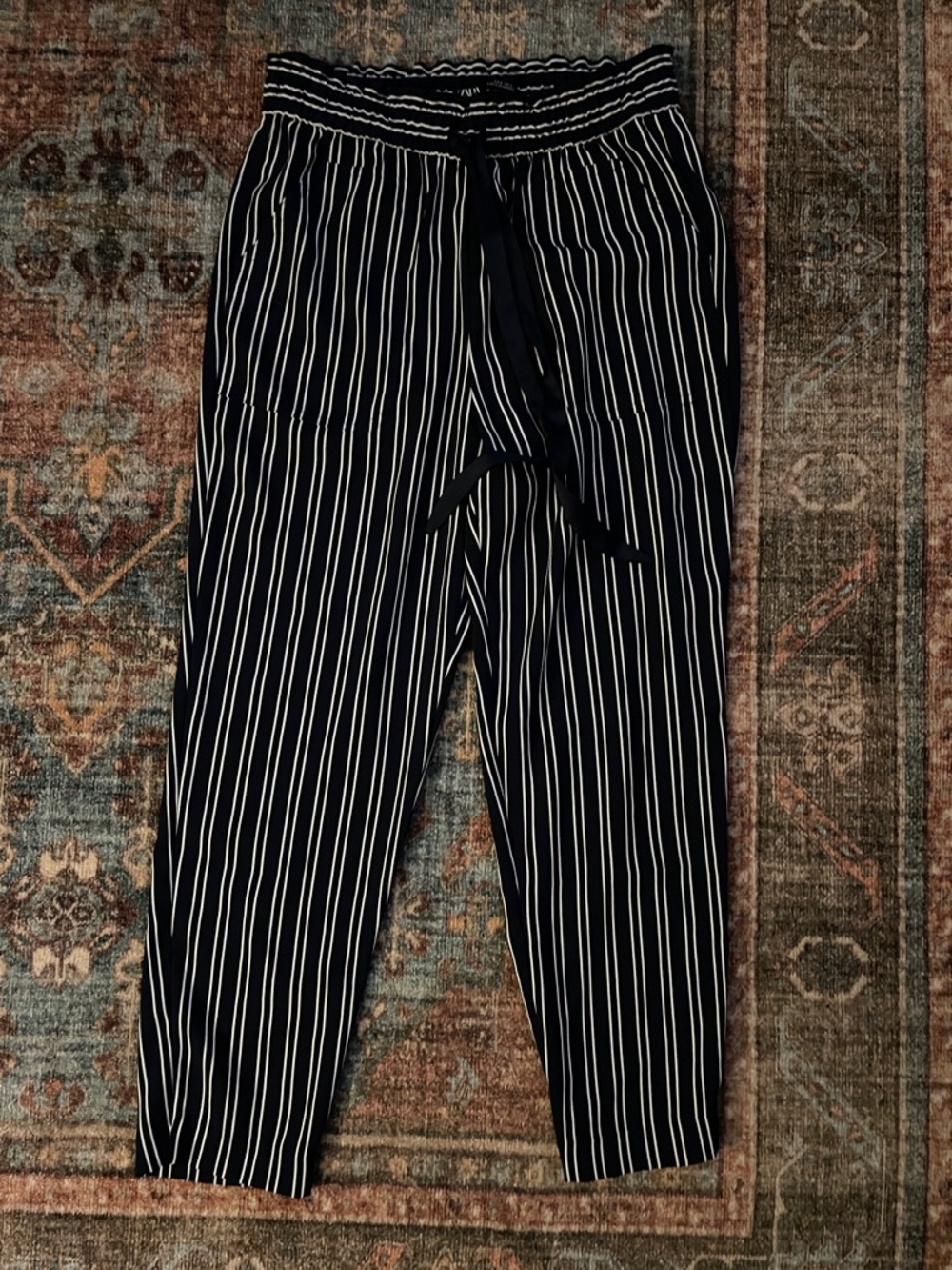 Navy and White Pinstripe Drawstring Pants Zara